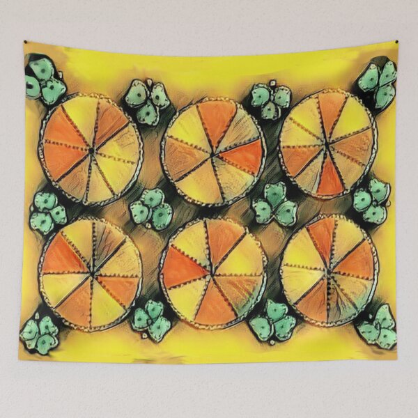 Item preview, Orange-yellow parasols seen from above surrounded by green bushes. designed and sold by jumapa.
