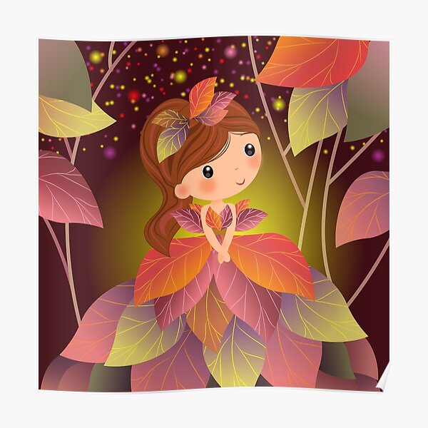 a magical children's illustration of a little girl in a colorful leafy dress Poster