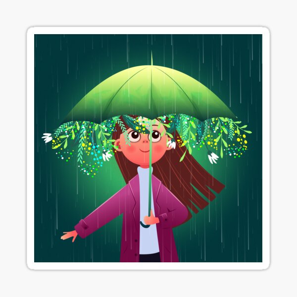 a girl under a magic umbrella in rainy weather Sticker