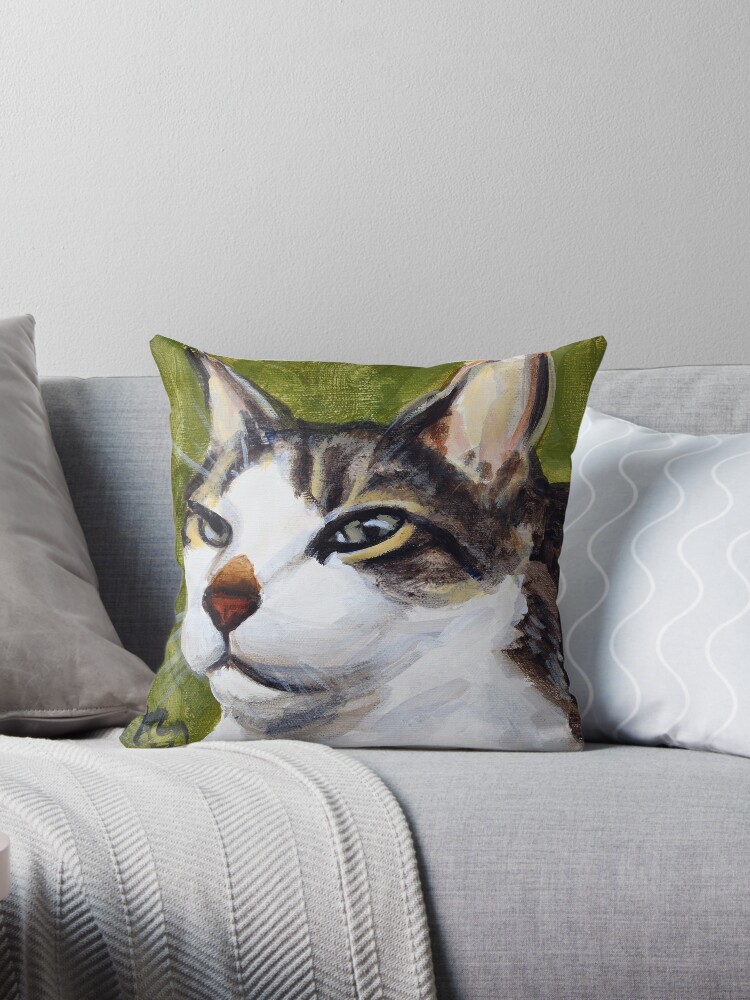 Throw Pillow, Baxter the green-eyed cat designed and sold by rontaylorcrouch