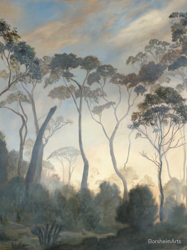 Artwork view, Tasmania in the Clouds Australian Landscape Tree Painting designed and sold by BorsheimArts
