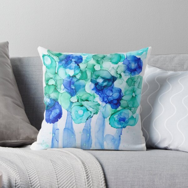 Pistachio Blue Floral Bouquet - Alcohol Ink Painting Throw Pillow