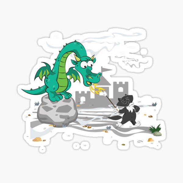 Hand-drawn Digital Art. Funny Cat & Dragon Sticker