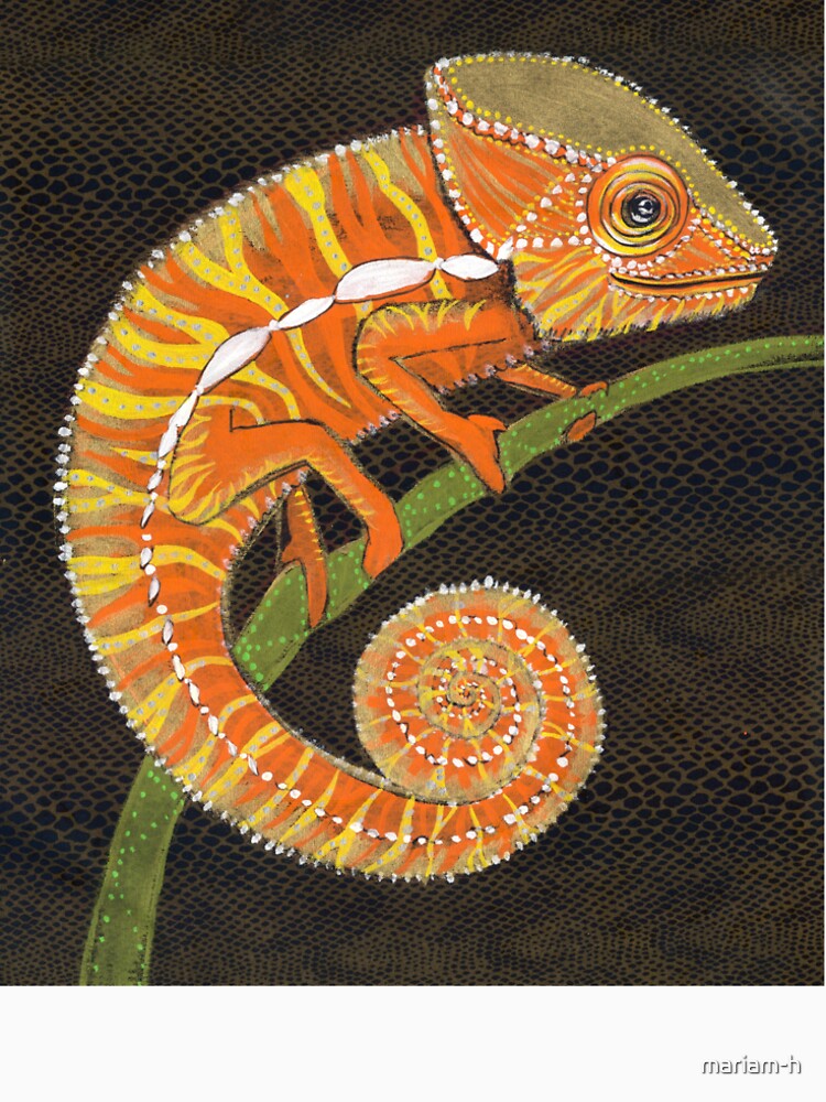 Gold and orange chameleon on brown snake pattern