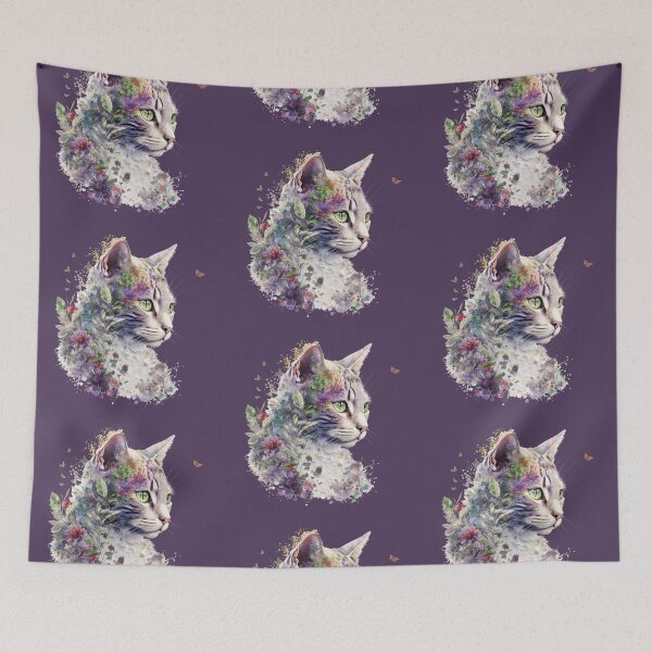 Item preview, Adorable Cat in a Swirl of Purple Flowers Watching a Butterfly designed and sold by Sherry Hallemeier.