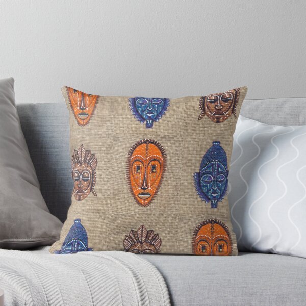 Item preview, Blue and brown orange african masks on burlap designed and sold by mariam-h.