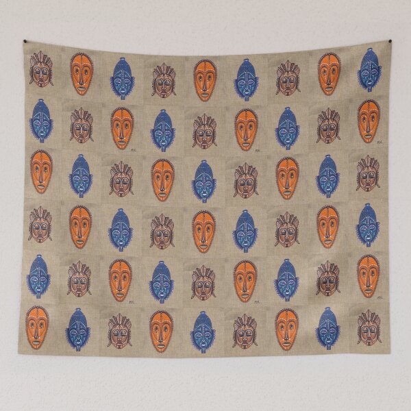 Item preview, Blue and brown orange african masks on burlap designed and sold by mariam-h.
