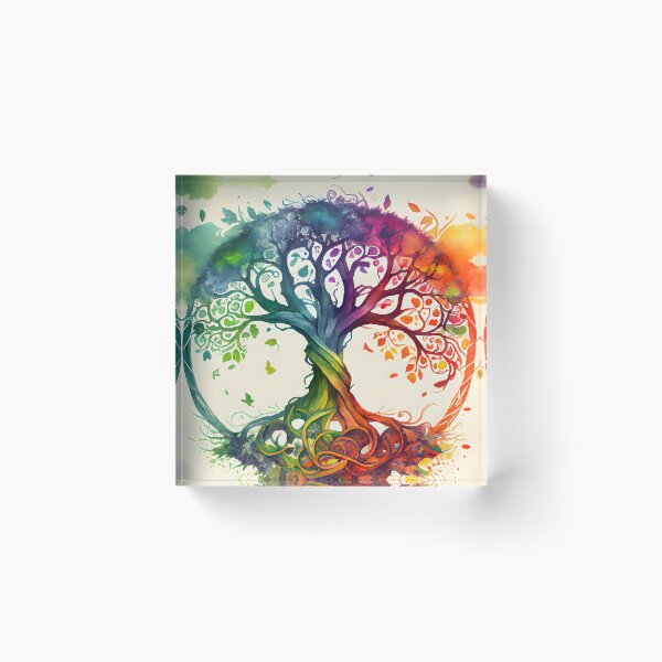 Celtic Tree of Life Rainbow Colored Watercolor Pagan Acrylic Block