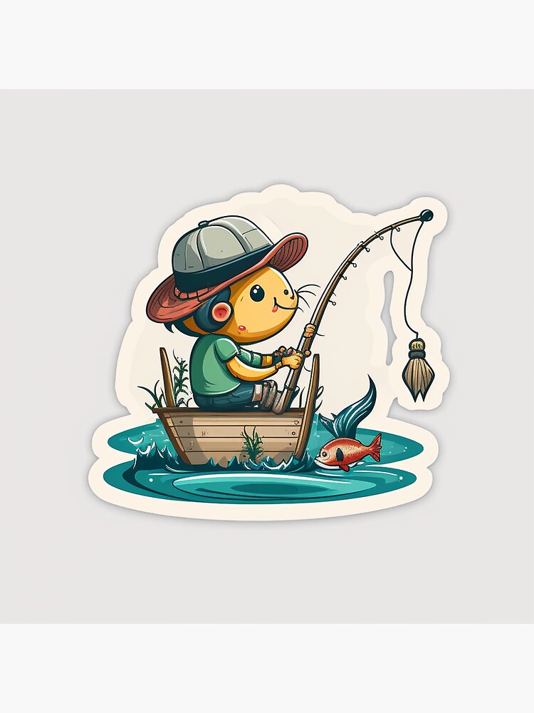 Pegatina for Sale con la obra «Dibujos animados de pesca - Caricatura de  pescador en el lago o en el mar pescando con caña» de tankarma