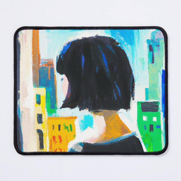 Item preview, Girl With Bob Haircut Looking Out Window-Cityview designed and sold by ArtfulStoriesIG.