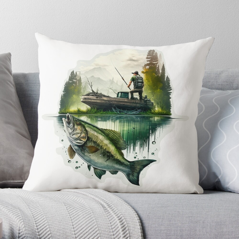 Bass fishing from boat on the lake Throw Pillow for Sale by pixeldizajn