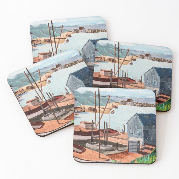 Item preview, Fisherman Boats and Shacks in Harbor Oil Painting designed and sold by visfineart.