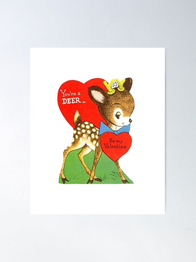 Vintage Valentines Day Greeting Card Deer With Big Eyes Eyelashes