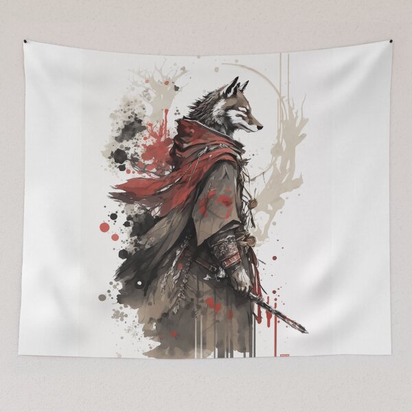 Item preview, Wolf samurai warrior red ink paint designed and sold by Visual-wallart.