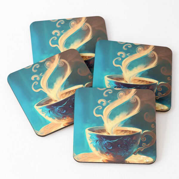 Item preview, Baroque painting of steaming cup of coffee in blues designed and sold by artefacta.