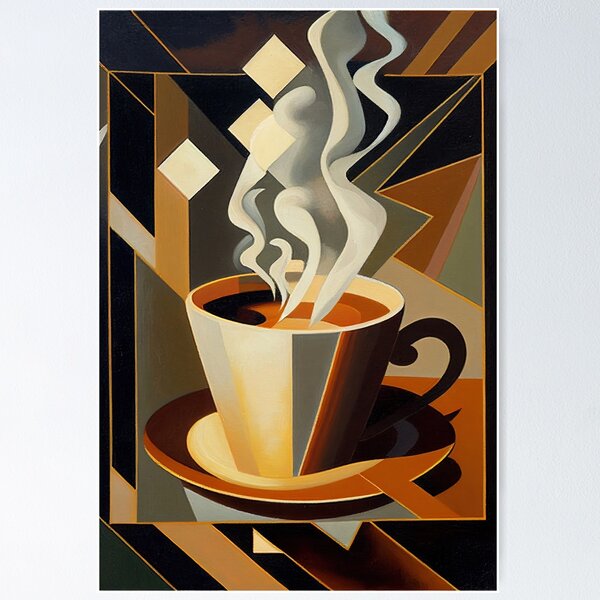 Item preview, Cubist painting of steaming cup of coffee 2 designed and sold by artefacta.