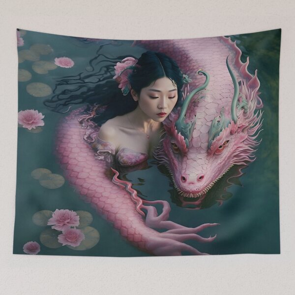 Item preview, The Enchanting Asian Maiden and Her Pink Dragon Guardian Swimming in the Lake designed and sold by Digital-Dreamer.