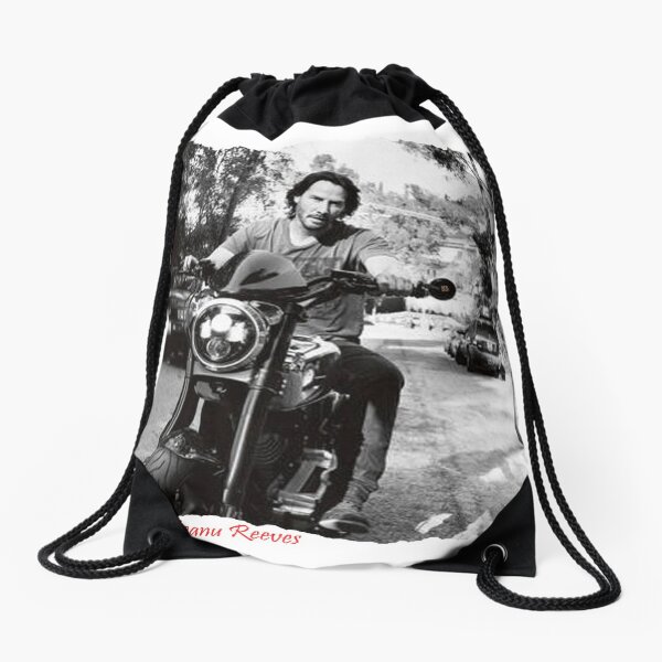 Keanu Reeves on Bike – Black and White (ACCI) Drawstring Bag