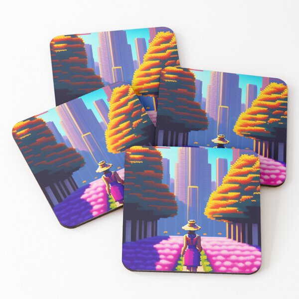 Item preview, Flower park with woman walking skyscraper behind pixel art designed and sold by ArteEterno.