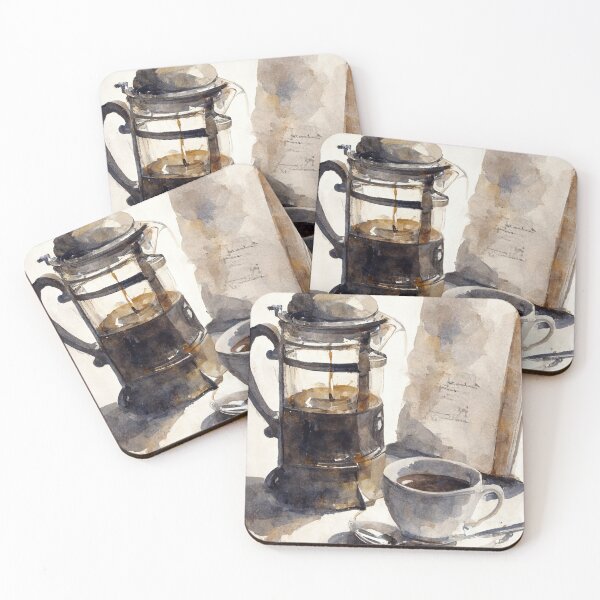 Item preview, Watercolor sketch of a French press and cup of coffee designed and sold by artefacta.
