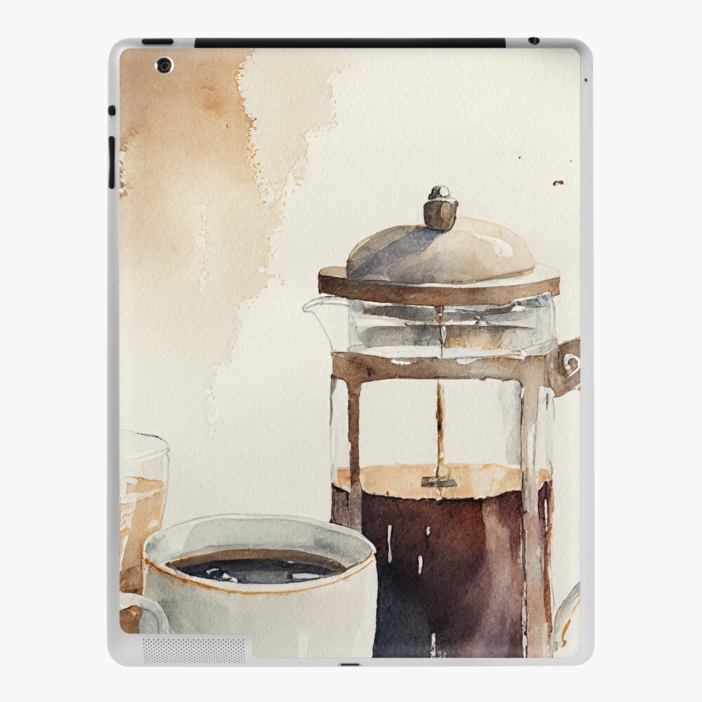 Watercolor sketch of a French press and cup of coffee 2 Greeting