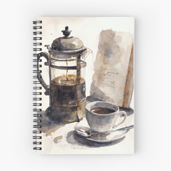 Item preview, Watercolor sketch of a French press and cup of coffee designed and sold by artefacta.