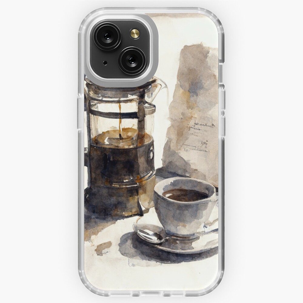 Watercolor sketch of a French press and cup of coffee 2 Greeting