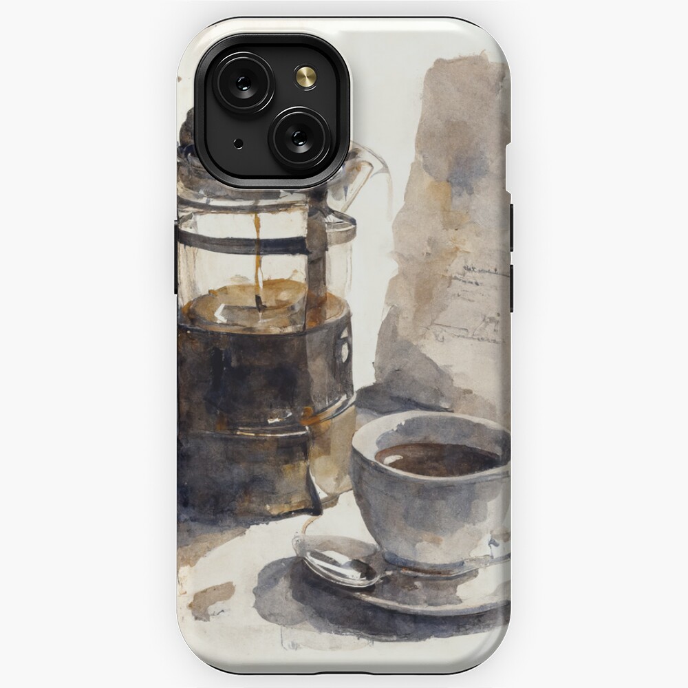 Watercolor sketch of a French press and cup of coffee 2 Greeting