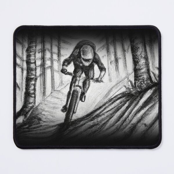 Item preview, mountain biker riding downhill in a forest pencil sketch designed and sold by Rosefurn.