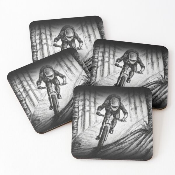 Item preview, mountain biker riding downhill in a forest pencil sketch designed and sold by Rosefurn.