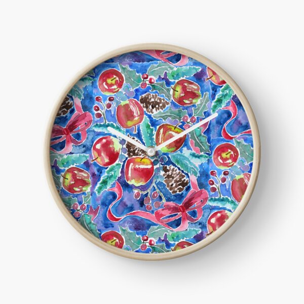 Watercolor Christmas Winter Apples Berries Fir Leaves Pinecones Clock