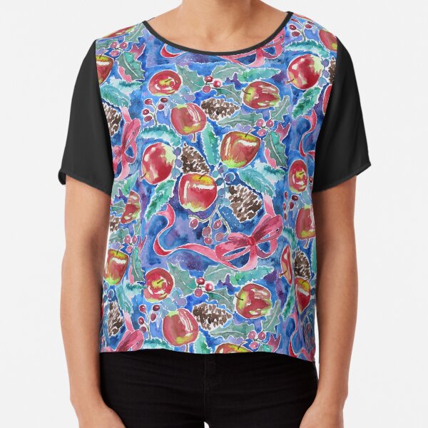 Watercolor Christmas Winter Apples Berries Fir Leaves Pinecones Chiffon Top
