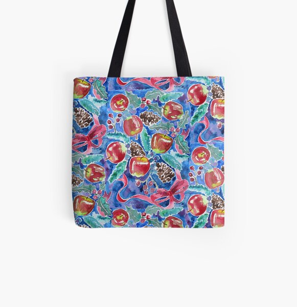 Watercolor Christmas Winter Apples Berries Fir Leaves Pinecones All Over Print Tote Bag