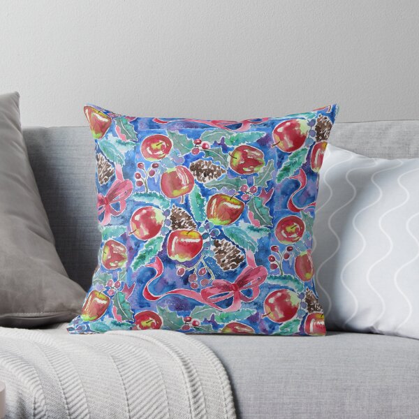 Watercolor Christmas Winter Apples Berries Fir Leaves Pinecones Throw Pillow