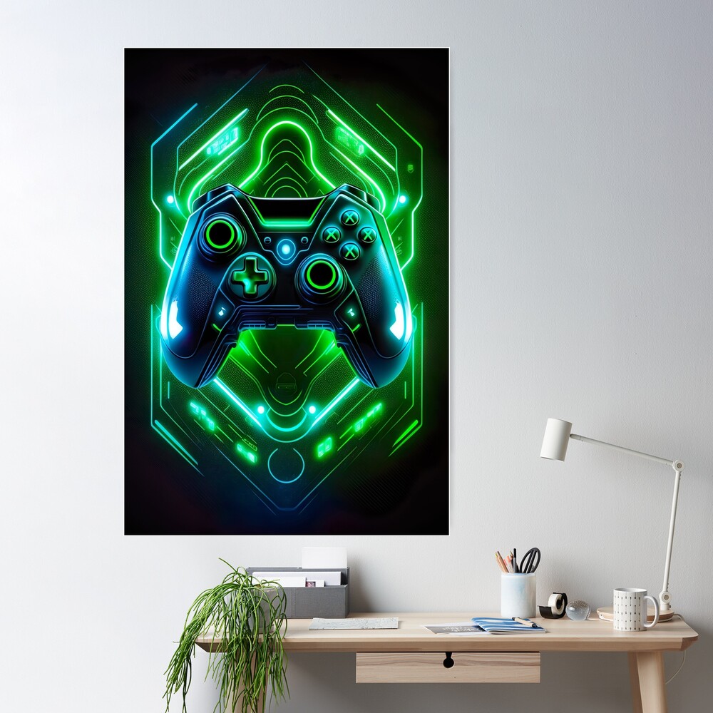 Gaming gamer controller games control pad green blue neon 2 Poster for  Sale by lukedwyerartist
