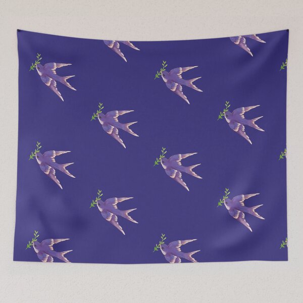 Item preview, Watercolor illustration of flying birds with purple plumage of saplings in their mouths designed and sold by UnaWu533.