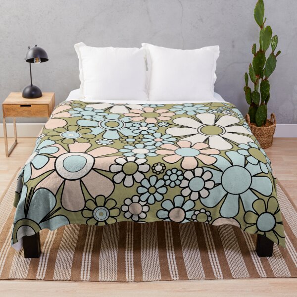 Item preview, Retro Garden Flowers Groovy 60s 70s Spring Floral Pattern in Classic Green Blush Buff Blue designed and sold by kierkegaard.