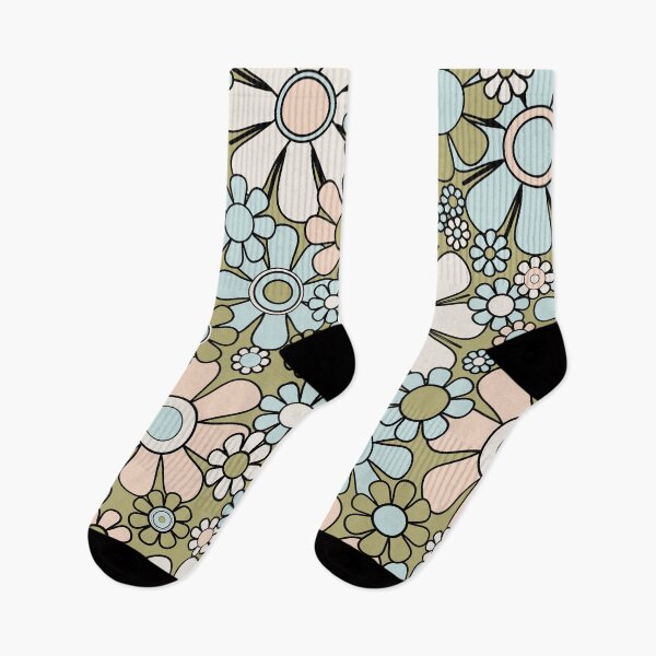 Item preview, Retro Garden Flowers Groovy 60s 70s Spring Floral Pattern in Classic Green Blush Buff Blue designed and sold by kierkegaard.
