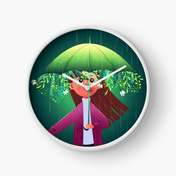 a girl under a magic umbrella in rainy weather Clock