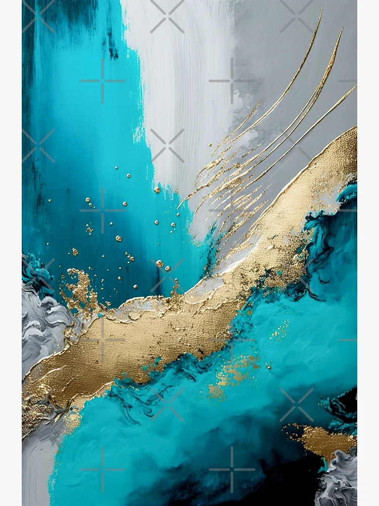 Fluid Acrylic Abstract Painting 30x60cm - Turquoise, White and Gold good