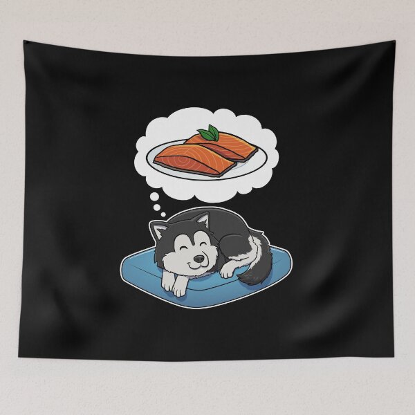 Aperçu de l'œuvre Alaskan Malamute dreaming about Salmon créée et vendue par DoggieDelights.