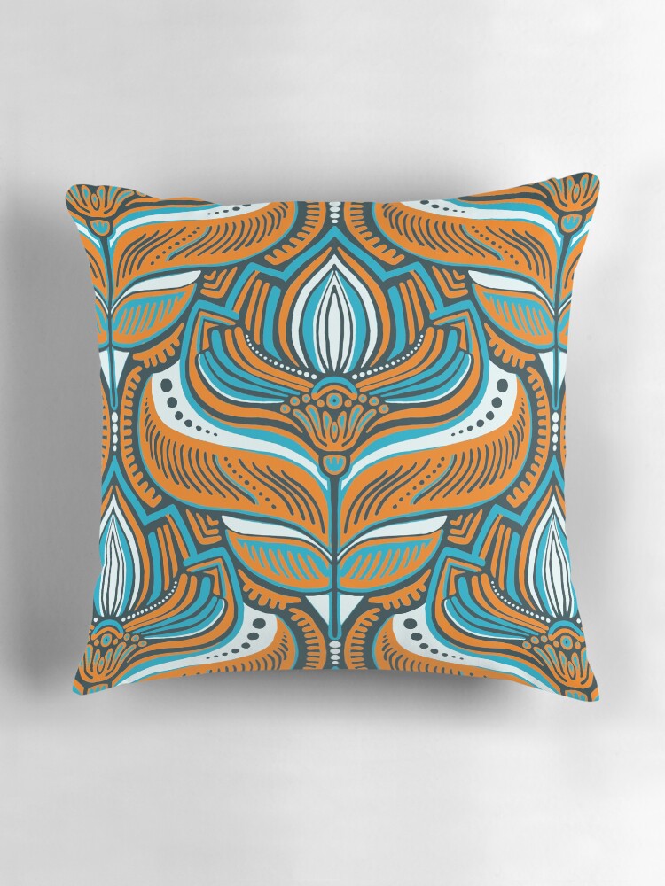 Retro Orange and Teal Art Deco Lotus Damask