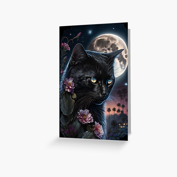 Aperçu de l'œuvre Soirée enchantée avec des fleurs de chat noir et une beauté au clair de lune 12 créée et vendue par idreamaboutcats.