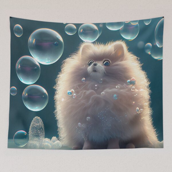 Aperçu de l'œuvre Fluffy and the Crested Bubbles Digital Painting créée et vendue par CodeAndColors.