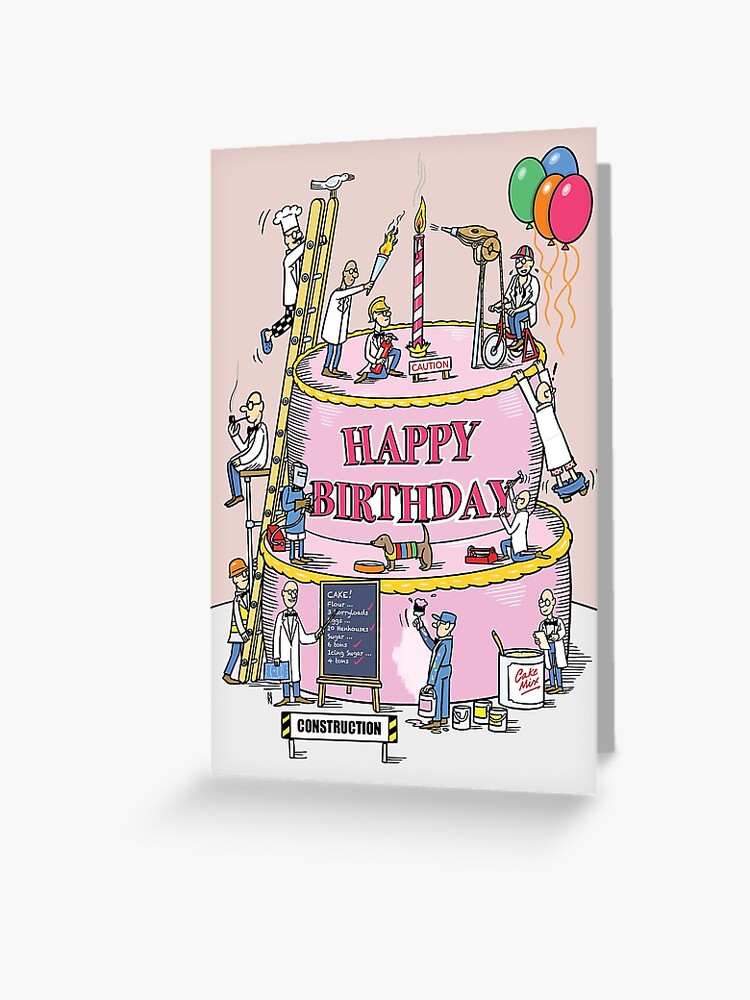 Tarjetas de felicitación «Caricatura de pastel de cumpleaños gigante  decorado por Russ Iden Art» de RussIdenArt | Redbubble