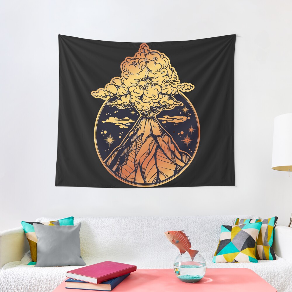 Volcano Erupting in Gold & Black Tapestry