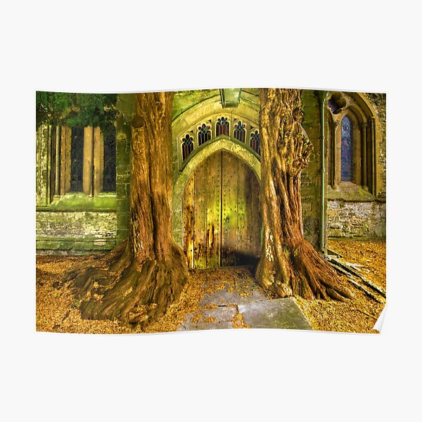 Yew Trees and North Door, St. Edwards Parish Church, Stow on the Wold, England Poster