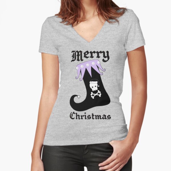 Pastel Goth Christmas | Creepy Stocking | Santa Skull & Cross Bones Fitted V-Neck T-Shirt