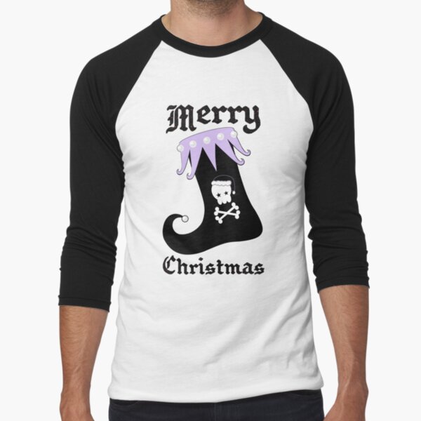 Pastel Goth Christmas | Creepy Stocking | Santa Skull & Cross Bones Baseball ¾ Sleeve T-Shirt