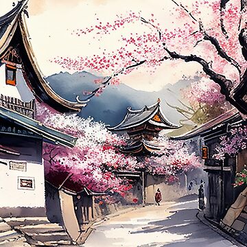 Sold at Auction: Japanese House Cherry Blossom Watercolor Painting